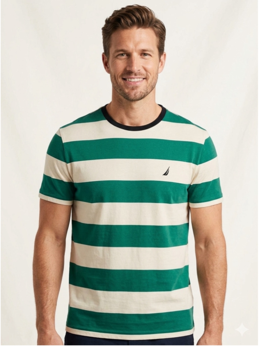 Nautica Green & creme men’s Striped Crewneck Tee XL casual boating park 1421